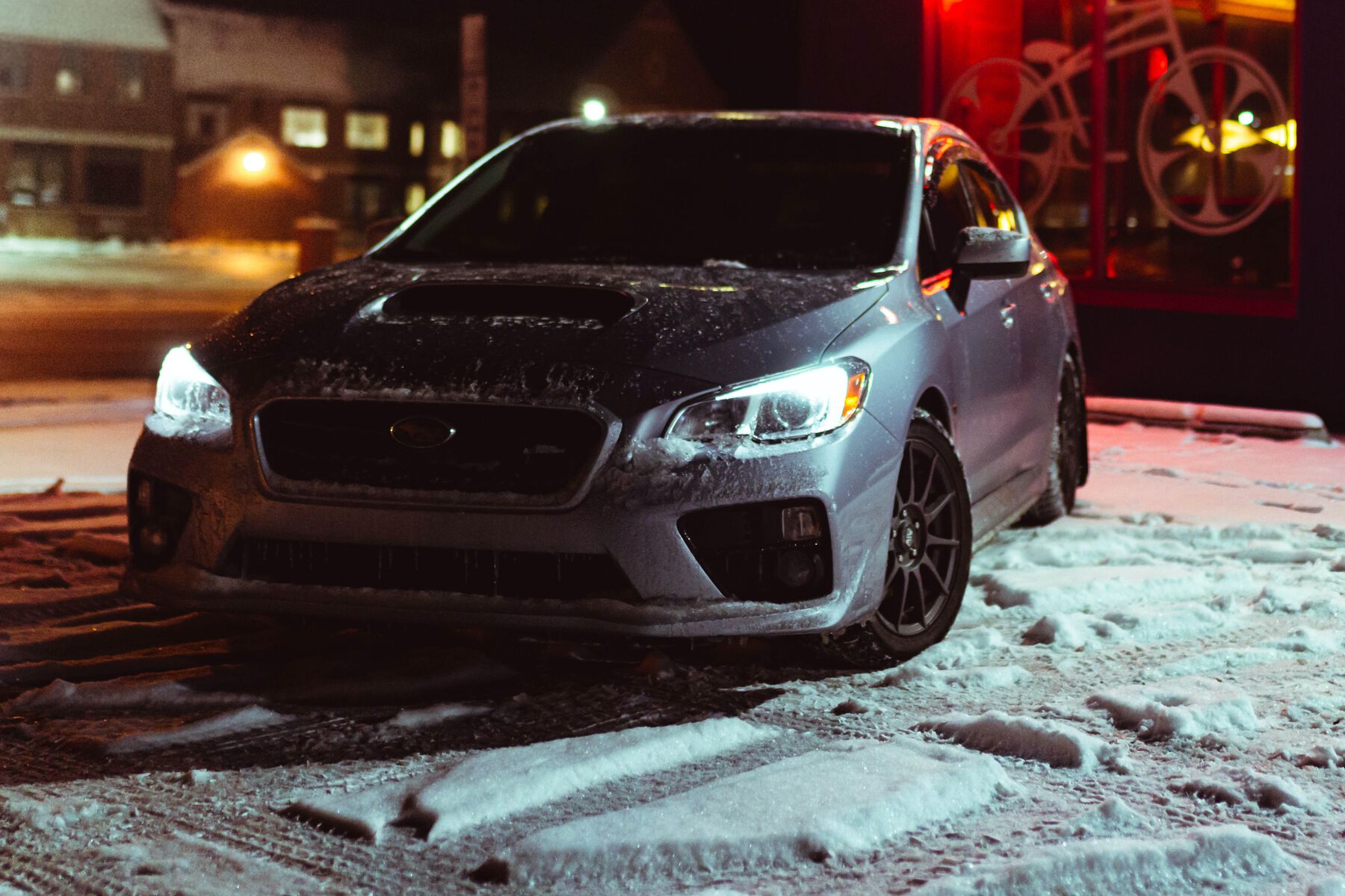 Subaru WRX in the snow with winter tires
